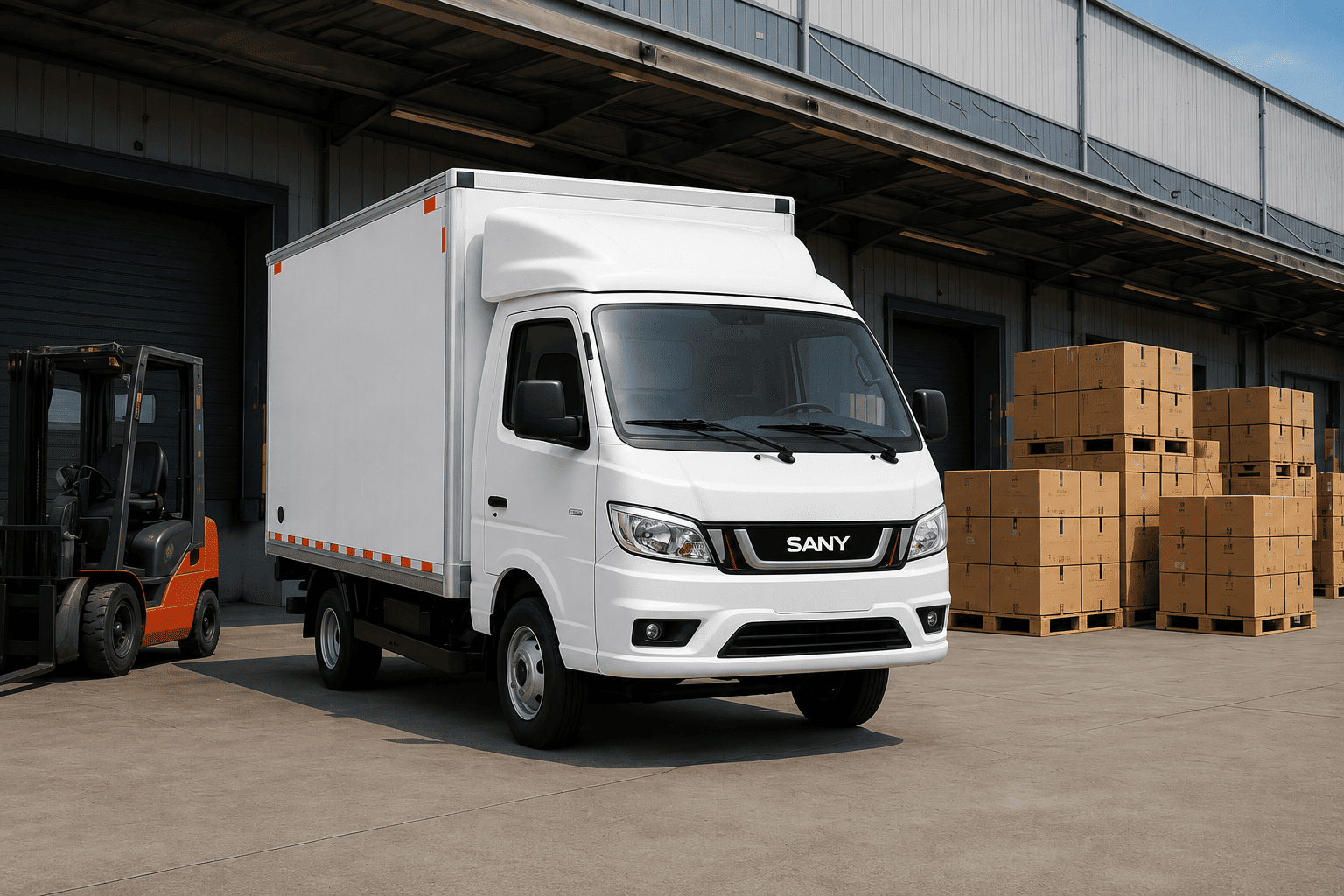 SANY FR381 electric truck at loading dock
